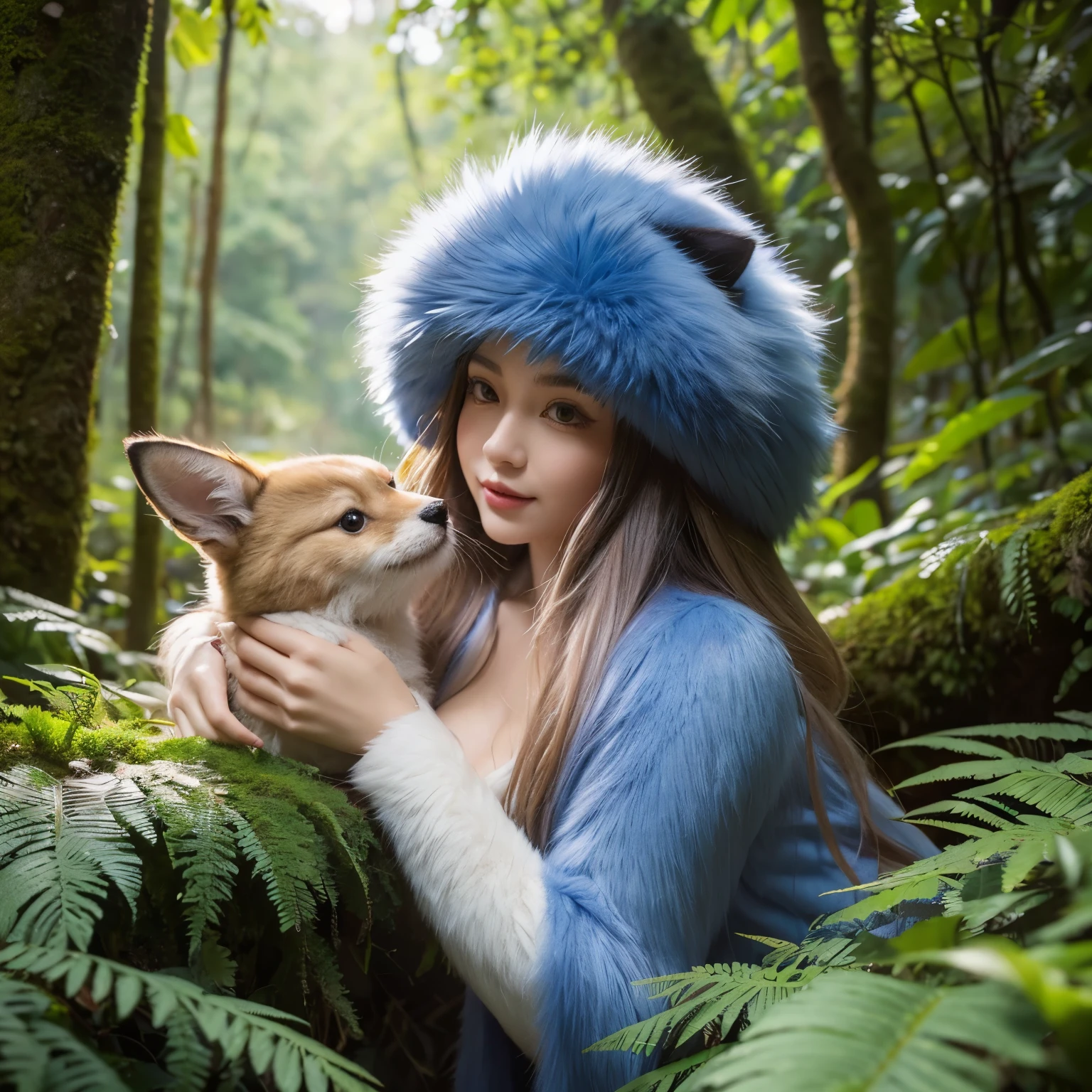 furry,illustration,detailed furry creature,fantastic scenery,soft fur,expressive eyes,cute character design,vibrant colors,playful atmosphere,beautiful furry texture,furry creature in a lush forest,highly detailed fur rendering,whimsical style,natural lighting