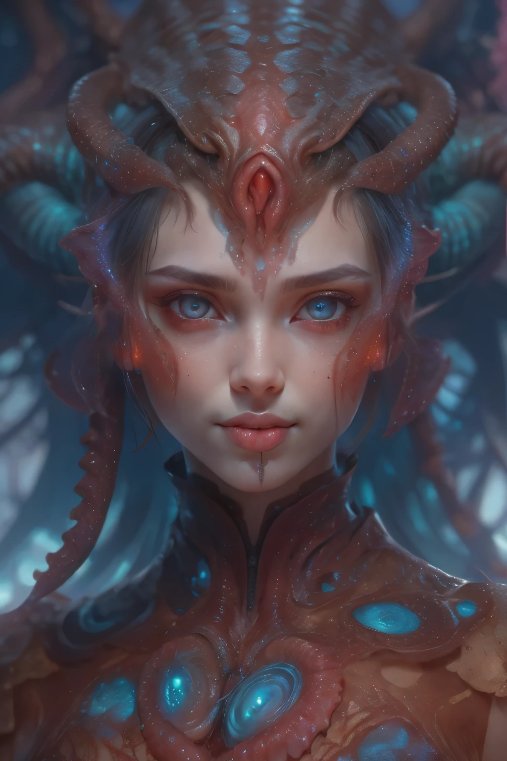 Portrait, (beautiful female alien:1.2),  (There is a female genital-like organ in the middle of the forehead:1.8), (The most beautiful face in the history of the universe:1.2), (scarlet eyes:1.6), (Translucent skin:1.8), an evil gaze that seduces, (red eyes:1.5), (licking lips with tongue:1.6), Full body like, (bio luminescent:1.2), (Smile wickedly:1.3),  (sexypose:1.5), alien, No humans, cells are fused, (Lots of translucent tentacles:1.1) (Translucent skin:1.3), extraterrestrial, cell, bio image, Best Quality, 8K,4K_quality, High Definition, Dramatic Lighting, masutepiece:1.5,cinematic quality, detail up, (Intricate details:1.2), High resolution, High Definition, drawing faithfully, (Thick eyebrows:1.2), Beautiful eyes with fine symmetry, (Ultra detailed eyes:1.2),(Highly detailed face and eyes:1.2), (High-resolution red-eye:1.4), Intimate face, (Super detailed skin quality feeling:1.4), Perfect ???????,  (Beautiful toned body:1.5),  (Moist skin:1.2), No makeup, (dark circles:1.1), long canines, cinematic drawing of characters, ultra high quality model, cinematic quality, detail up, (Intricate details:1.2), High resolution, High Definition, drawing faithfully, Official art, Unity 8K wall  , 8K Portrait, Best Quality, Very High resolution, ultra detailed artistic photography, midnight aura,  unreal engine 5, Ultra Sharp Focus, art by alberto seveso, ArtGerm, Roisch, intricate artwork, best quality, masterpiece, ultra High resolution, (photos realistic:1.4), Ultra-realistic realism, dream-like,  nautilus, Creation of fantasy, Snail, Dream Snail,  biopunk nautilus, Thrilling color schemes， Ultra-realistic realism， seductively smiling, Blue tentacles