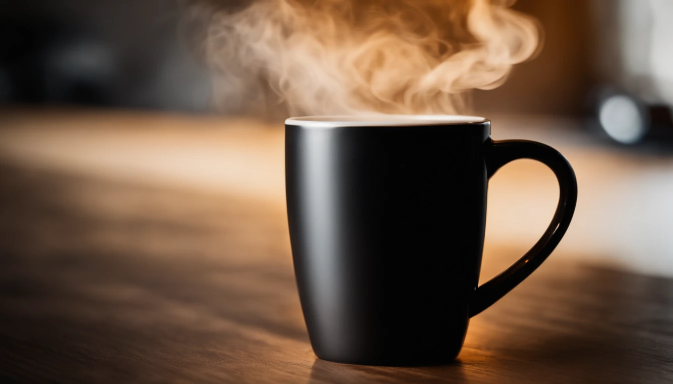 a close-up shot of a blank coffee mug mockup, with steam rising from a freshly brewed cup, evoking a sense of warmth and comfort associated with personalization and customization