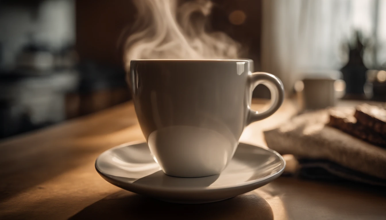 a close-up shot of a blank coffee mug mockup, with steam rising from a freshly brewed cup, evoking a sense of warmth and comfort associated with personalization and customization