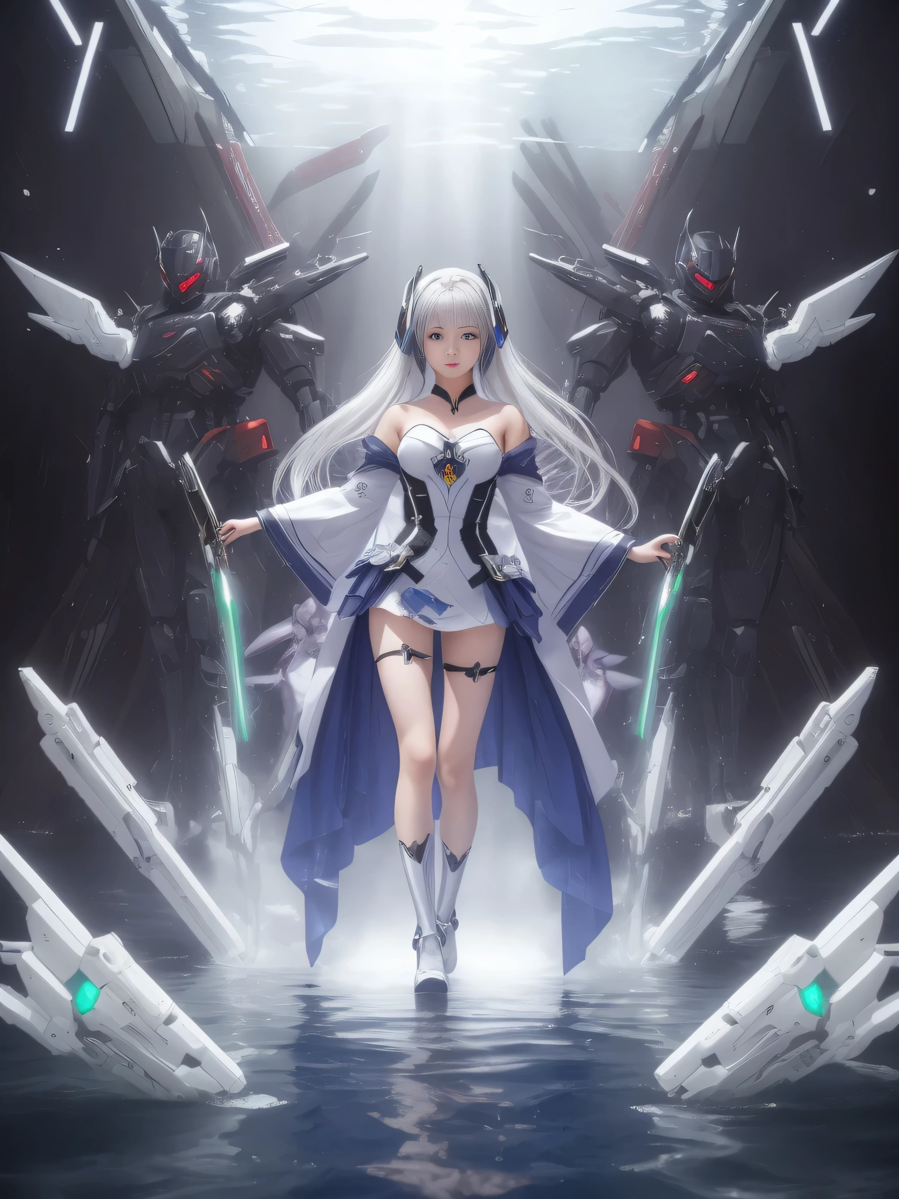 (RAW image quality:1.4)、8K分辨率、Ultra-high-definition CG images、 (masutepiece), best quality,{full body Esbian},((1 rapariga)),((beauty detailed eye)),{mechs,Huge_filesize},(bare shoulders​),科幻小说,ighly detailed,Illustration,ighly detailedなCGユニティ壁紙,submerge,lighting like a movie,Dramatic Angle,{{美丽的面容}},Posing,Caustics,fine water surface,,mechsニカルウィング,Metal wings,Mecha wine cha clothes},Robot Girl,beautifull detailed face,