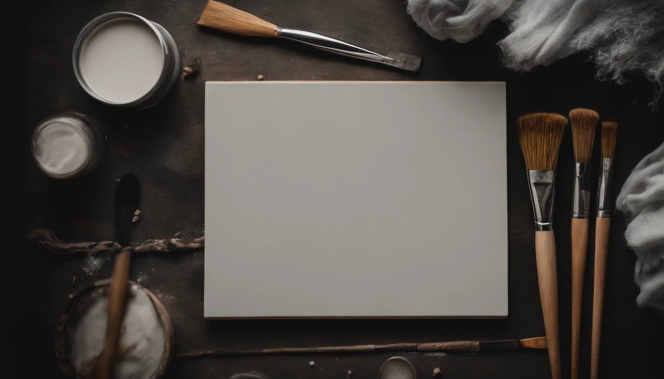a creative shot of a blank canvas mockup, with paintbrushes and a palette nearby, emphasizing the potential for artistic expression and imagination