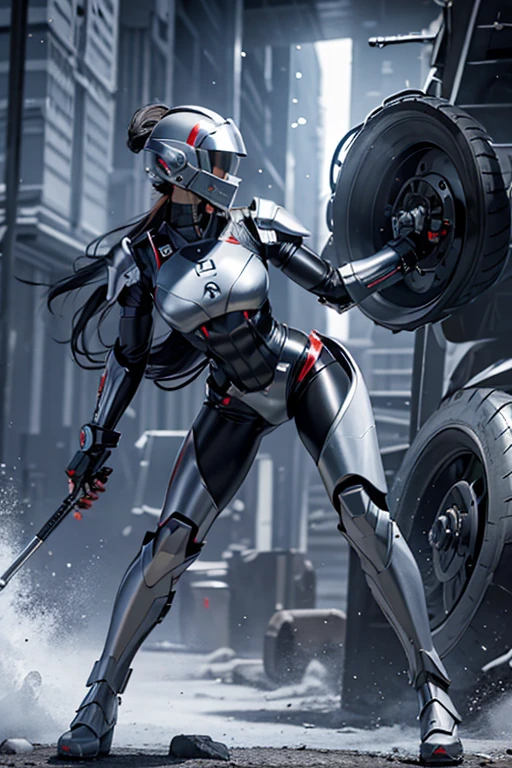 female robocop solo、Armor that completely covers the entire body、very large armor、helmet covering eyes、rainbow armor、Armor that completely covers the chest、Slender and long legs、Vibrant Forzel Full Body Body View Full Body Full Body Military Boots Shoes