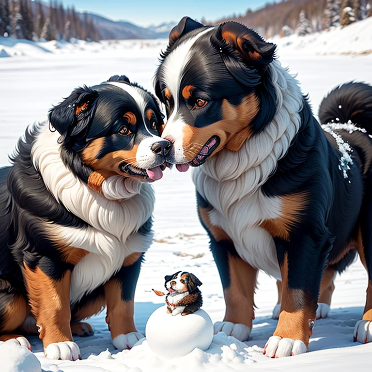 Bernese Mountain Dog playing with snowmen