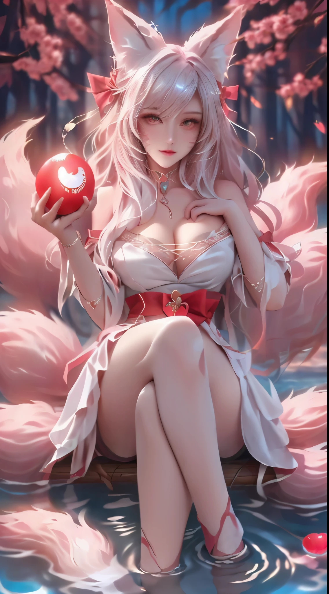 (Fox ears white hair girl，full bodyesbian，dynamicposes)，tmasterpiece，beautifuldetails，Extremely colorful，Exquisite details，Delicate lips，The details are complex，Realiy，Ultra photo realsisim，A girl and a white-haired fox sit on a branch：1.1，Fox ears white hair girl，(Large breasts，cleavage，Raised sexy，seductiv，Enchanted，)，ethereal fox，nine tail fox，Foxes have nine-tailed foxes，(Combat posture，combat scene，afloat，Red heart-shaped magic ball:1.3)，Onmyoji detailed art，Nine tails，A beautiful artwork illustration，mythological creatures，red fox，Beautiful digital artwork，Exquisite digital illustration，mizutsune , Inspired by the mythical creature wildnet，Digital art on Pixiv，strong lights，hight contrast，Horror movie theme，Dark atmosphere，Fighting posture