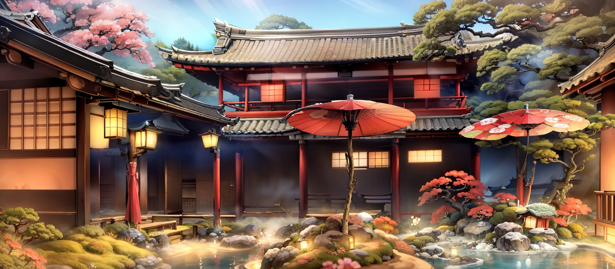 high qulity,ultraclear,rich details,There are two red umbrellas outside the building, Ryokan and Edo period houses, high-end onsen, Flared Japanese black tile roof, The background is an Edo period house, Japan rural town, Wide-angle panorama, Japanese house, Japan town, a masterpiece of art, full view, Japan Village, by sengai, ancient japanese architecture