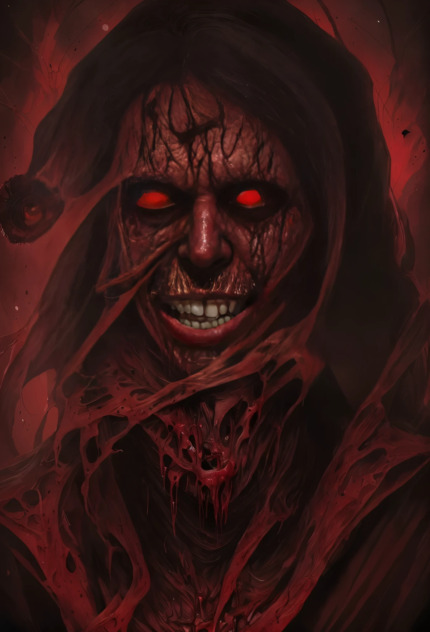 a close up of a person with a bloody face and red eyes, Terrifying digital art, The Art of the Apocalypse!!!!, bloody + Concept art, detailed 4k Horror artwork, Horror!! Highly detailed, epic portrait of menacing, Horror fantasy art, dark fantasy Horror art, Evil look, anger. hyper detailed, Evil Zombie, lee bermejo, A perverted god without a face