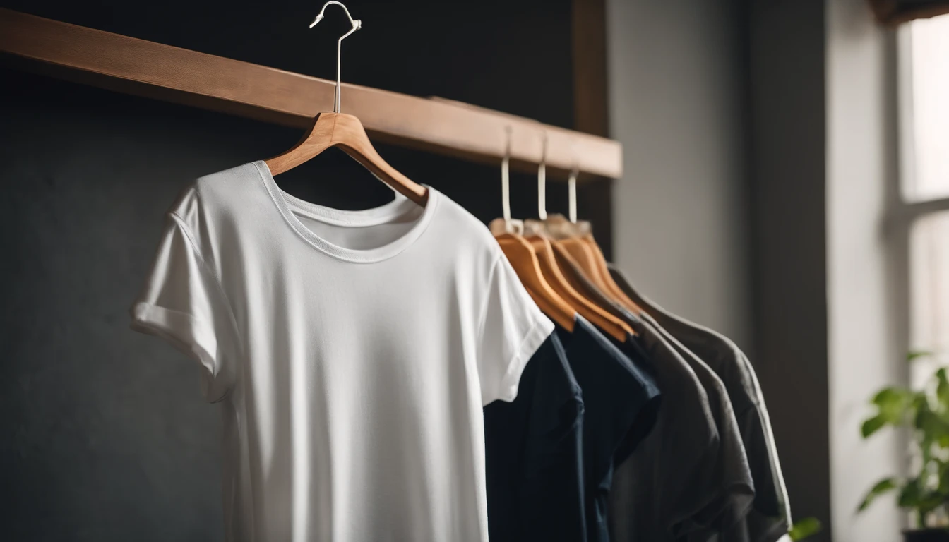 a lifestyle shot of a blank t-shirt mockup, with a hanger or folded neatly, placed against a stylish backdrop, emphasizing the versatility for personalization and branding