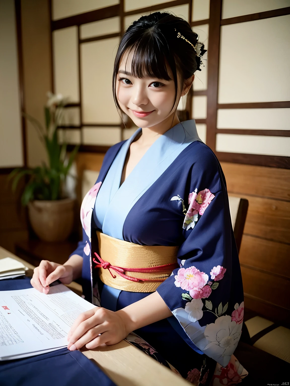 (Photorealsitic:1.4), (Top image quality:1.0), (超hight resolution:1.0), 8K, Raw photography, (masterpiece:0.2), (pureerosface_v1:0.5)、(Best Quality Detail:1.2)、realisitic、8K UHD、hight resolution、(1girl in:1.2)、The ultra-detailliert、High quality textures、intricate detailes、detaileds、非常detailedsなCG、High quality shadows、Detail Beautiful delicate face、Detail Beautiful delicate eyes、depth of fields、Ray traching,1girl in, japanaese girl, Cute, slender, Black kimono, Kimono with Japanese pattern,Floral scrunchie, Beautiful skin, Facing the front,Sit down, Sit upright and say thank you,Align your hands elegantly,Smile faintly The Land of Japan,Japanese garden,Luxury Japanese-style room, skyporn, Magic Hour, (Realistic:1.3), 細かくdetailedsなプッシー, quality, (masutepiece:1.2), (Photorealsiticです:1.2), (Best Quality), (Intricate details), Dramatic, Ray tracing, photograph, +Lola