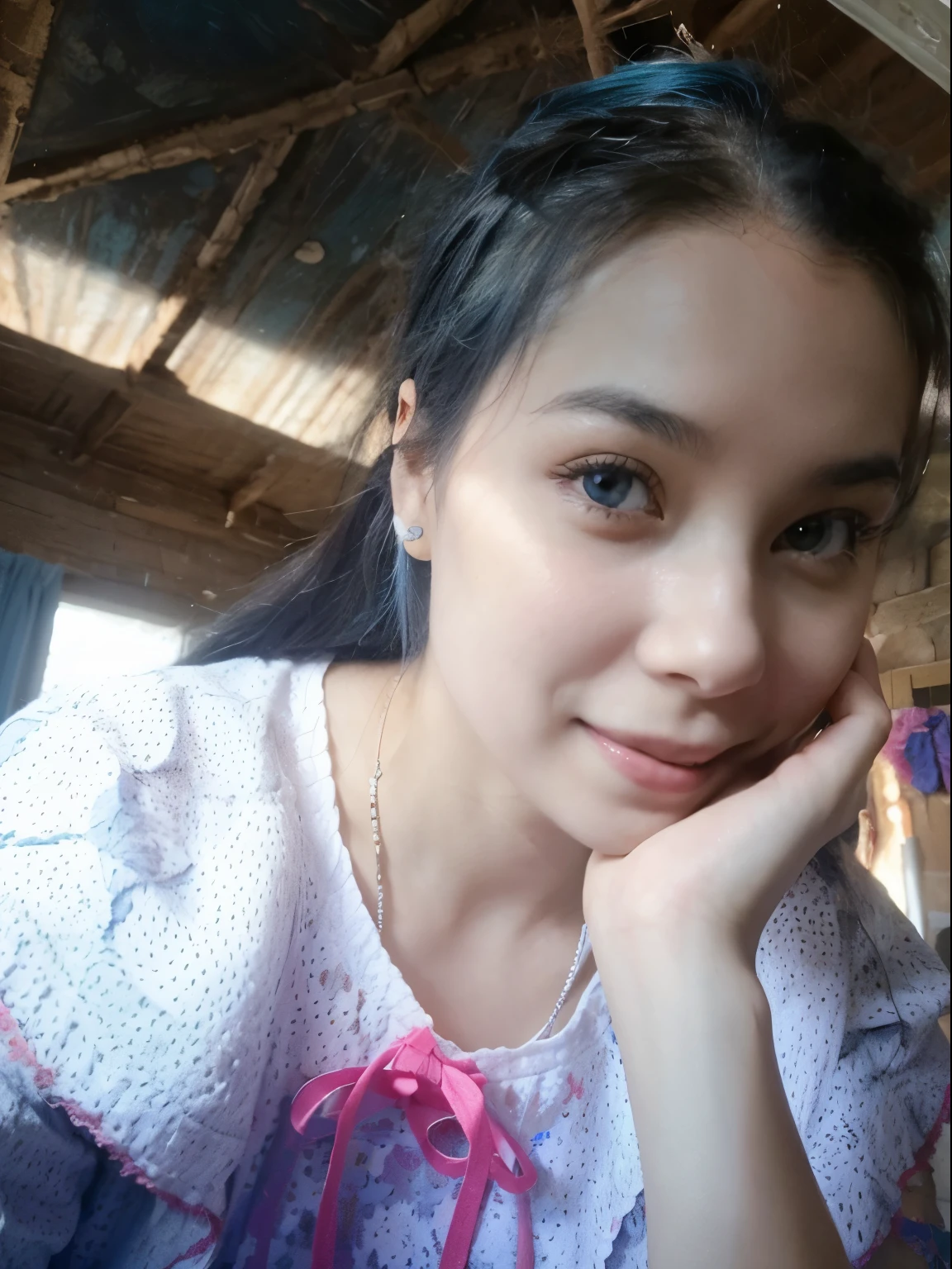 Her hair was black,she's image is not change in photo,she is looking at the camera with a ((cute smile)),((netural beauty)),backgroud change,thewalls were painted ((light blue color)),the ceiling were painted ((white color)),10k,photorealstic((real))