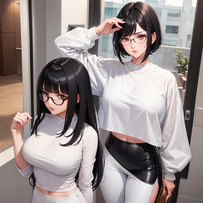 (1women) (25 years) (black hair up) (look with mischief) (tousled bangs) (clean white skin) black glasses on regular basis (almond hazel eyes) (body with wide hips with toned legs and enveloping) white flared pants + large white sweatshirt , attractive and intimidating (shoulder length hair tied up)