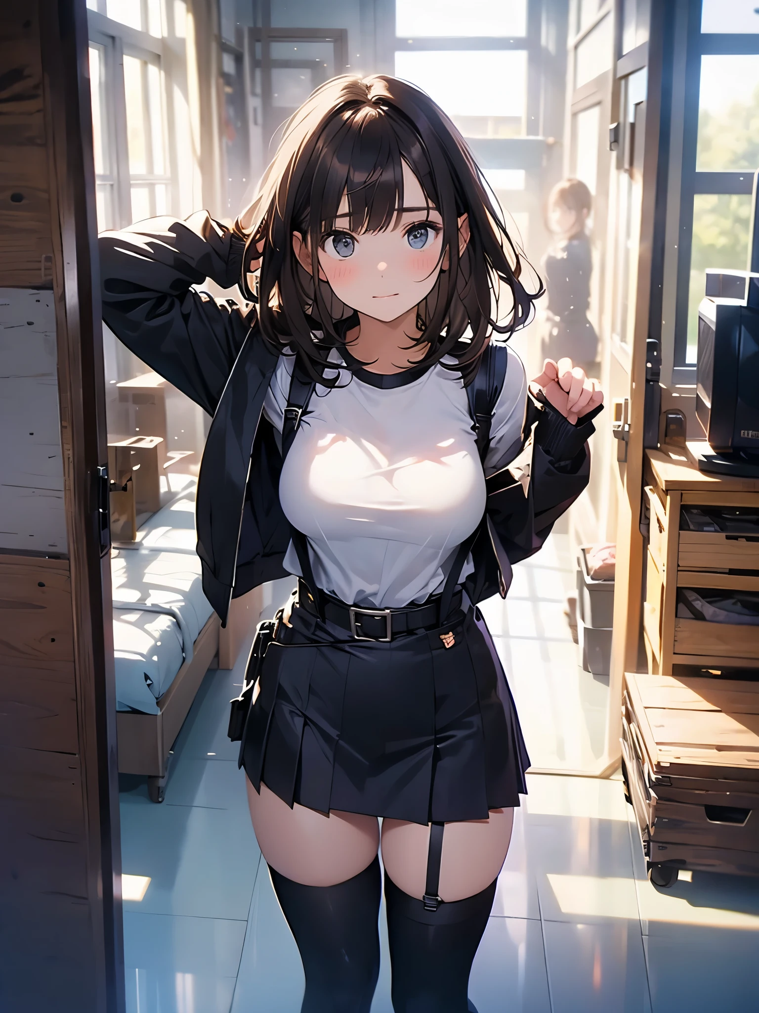 Brown hair、watching at viewers　　　black suspenders　　　Bulging big breasts　　 　 　　　walls: 　Black miniskirt　garters　　　　　　Gaze　　　Small face　bangss 　　　holster　　　Beautuful Women　　hands up　　レッグholster ベッドに横たわる　　Gaze 　black boots panty shot　provocation　flank　flank汗　soio 　arm　inside of a car　Fold your hands behind your back　a belt