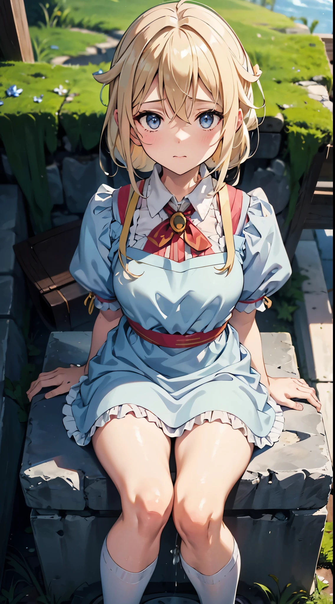 anime styled, High definition illustration, Perfect drawing, Draw anatomically correctly, alice in the wonderland, In the forest where the bright sun shines, Beautiful blonde girl, ((seminude:1.5)), A short, light blue dress with a simple design and frills., Layering a white apron,A Western-style toilet installed in the forest with no walls and exposed to the wind,She sits on the toilet seat, holding the hem of her dress and apron together and rolling them up., He looks at me with a mixture of shyness and openness.,Looking at the camera, The girl's apron and skirt are rolled up, so you can see the urine coming out of her genitals.,A faint golden pubic hair grows around the female genitals of the crotch., She cutely spreads her legs a little to avoid pee., light blue headband with white border, ((pissing:1.5)), White knee-high socks that reach above the knee
