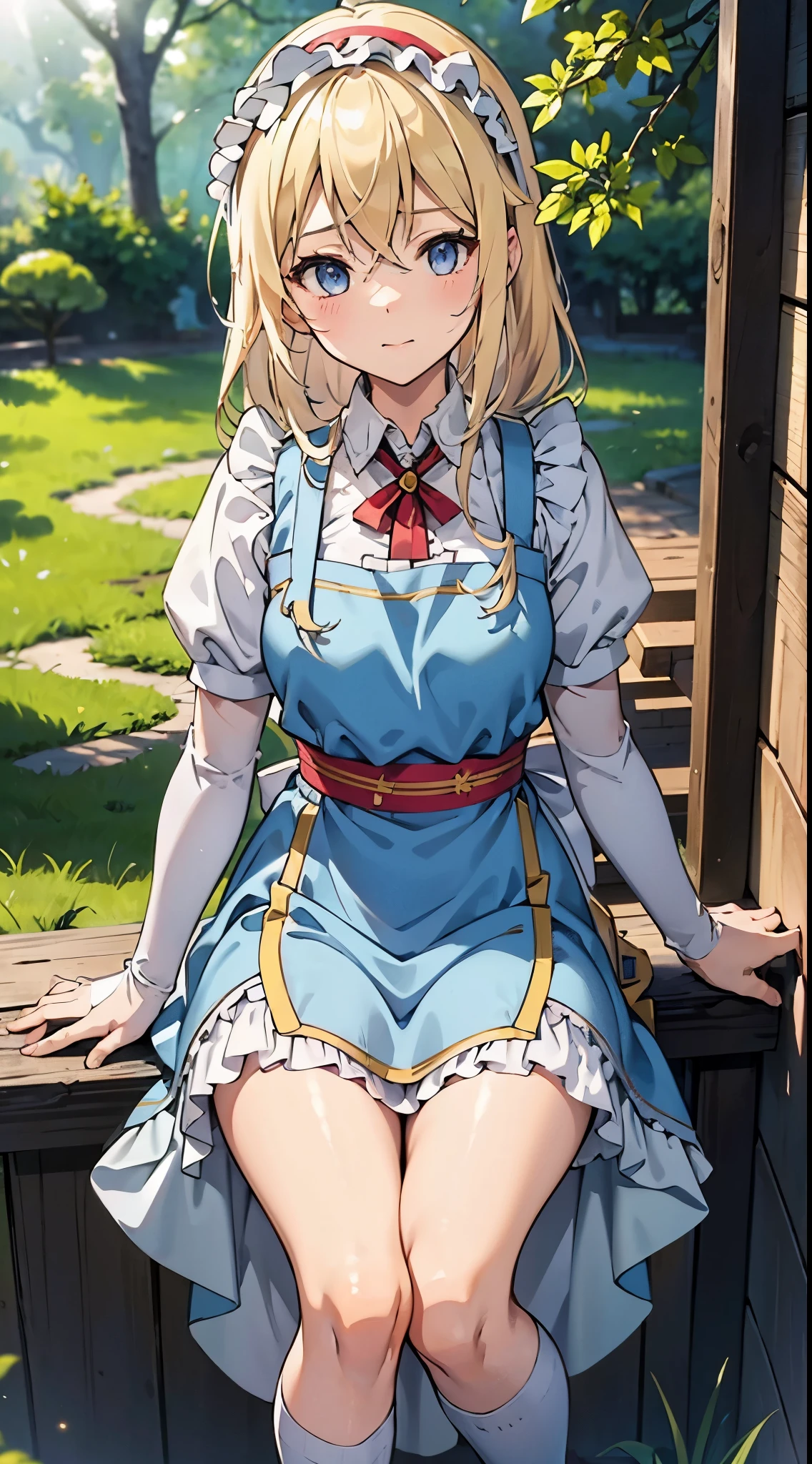 anime styled, High definition illustration, Perfect drawing, Draw anatomically correctly, alice in the wonderland, In the forest where the bright sun shines, Beautiful blonde girl, ((seminude:1.5)), A short, light blue dress with a simple design and frills., Layering a white apron,A Western-style toilet installed in the forest with no walls and exposed to the wind,She sits on the toilet seat, holding the hem of her dress and apron together and rolling them up., He looks at me with a mixture of shyness and openness.,Looking at the camera, The girl's apron and skirt are rolled up, so you can see the urine coming out of her genitals.,A faint golden pubic hair grows around the female genitals of the crotch., She cutely spreads her legs a little to avoid pee., light blue headband with white border, ((pissing:1.5)), White knee-high socks that reach above the knee