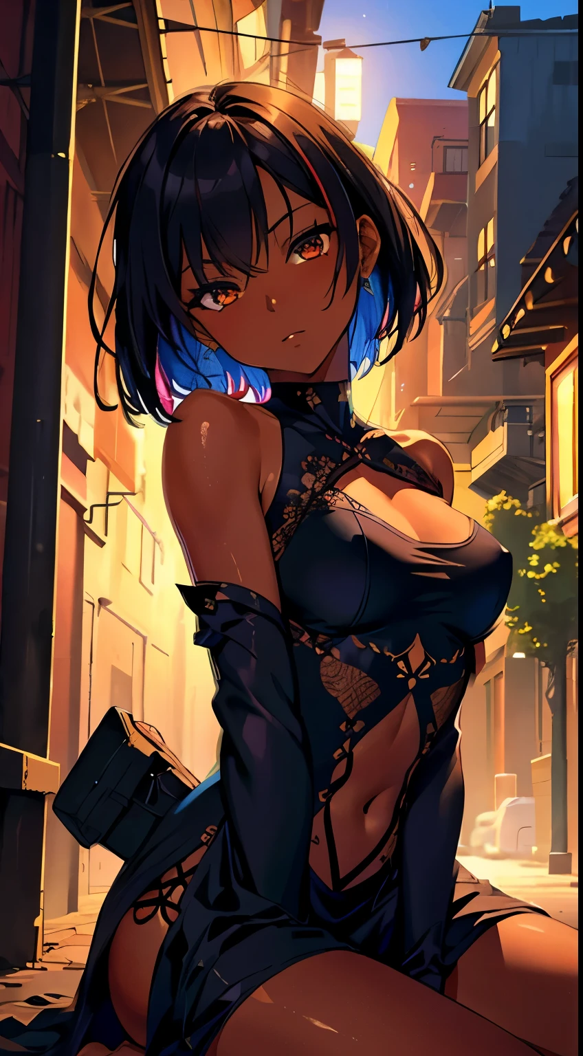 highres, highest quallity, illustration,  ultra detailed, (detailed face), (detailed eyes), cinematic lighting, best quality, hyper detailed, masterpiece, 1girl, solo, brown eyes, semi-short hair, black hair, asymmetrical hair, off shoulder, bodysuit, detached sleeves, long dress, hip vent, luminous eyes, medium breasts, (colorful), upper body, from under, sitting, outdoors, dark street, street light, naughty face, dark skin, (tan), sexy, anime