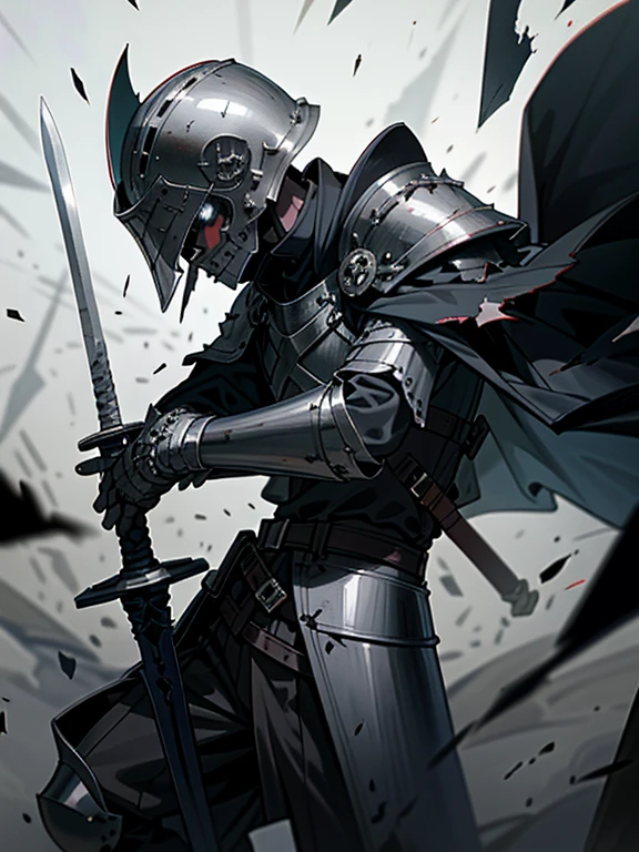 (Dark art), (hopeless art), dark anime medieval soldier, broken soldier, holey helmet, black wounds, crashed armor, closed clothing, broken sword, sword broken in half, ash, abandoned battlefield, highly detailed art