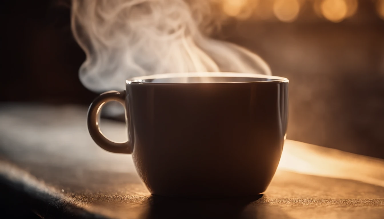 a close-up shot of a blank coffee mug mockup, with steam rising from a freshly brewed cup, evoking a sense of warmth and comfort associated with personalization and customization
