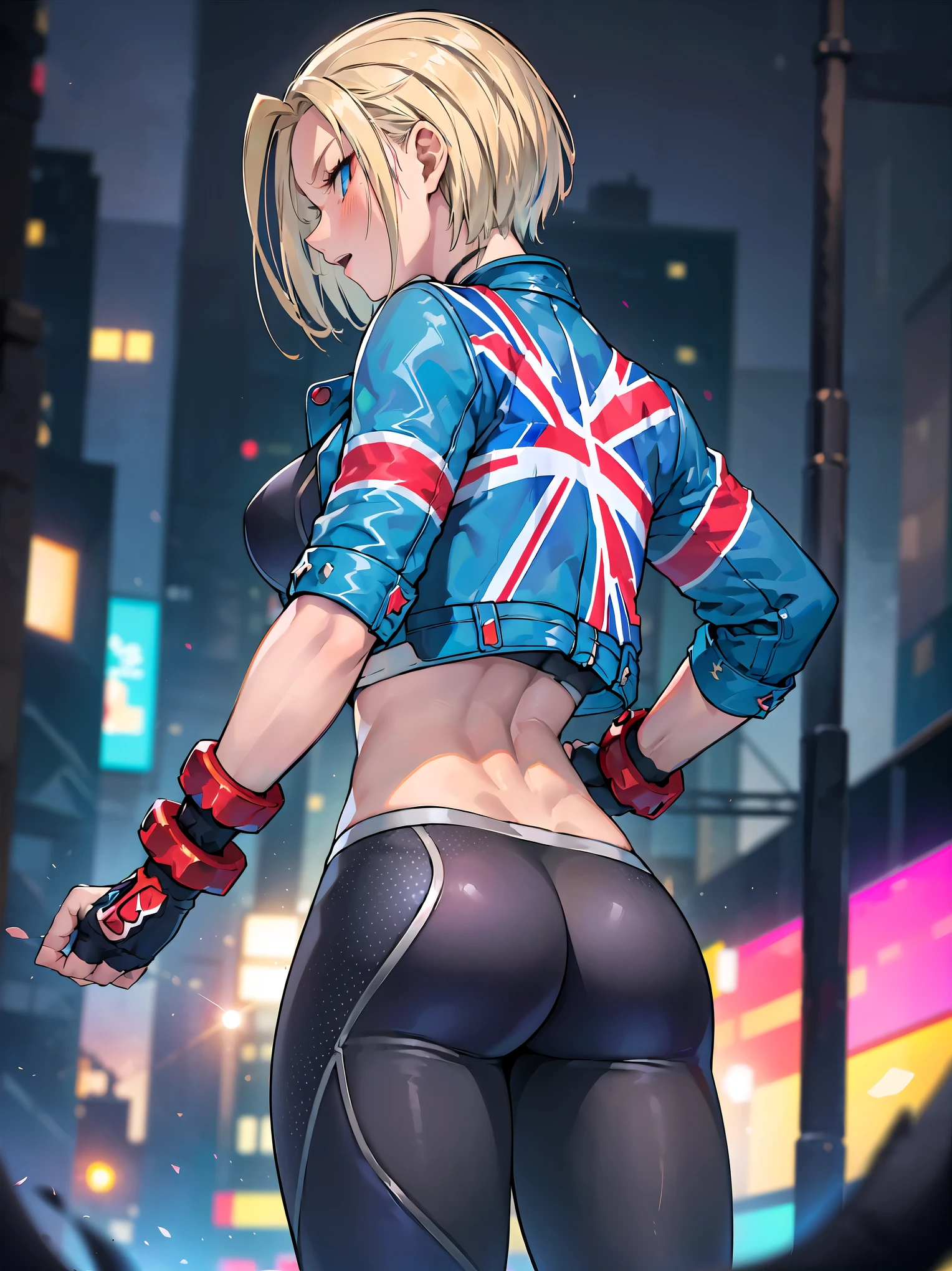 (8K, Raw photography, Best Quality, masutepiece: 1.2), high-definition RAW color photography, Professional Photography, Cinematic Light, (((1girl in))), ((A sexy)), ((a blond, short-cut, Bangs tactile)), (((Cammy))), Cammy white, Cammy from street fighter 6, (((Dark grey sports bra, dark gray tights, blue eyelue jacket, Union Jack pattern on the back))), muscular body, Choker, abdominals, large full breasts, ((left side face scar)), blue eyes, blonde hair, short hair, black choker, black sports bra, blue jacket, black pants, gauntlets, red gloves, socks, boots, (Fine face: 1.2), (Shy laughter: 1.2), (((Neon cityscape, with his back turned, Looking Back Pose))), Background bokeh, telephoto lens, illustratio, ultra-detailliert, hightquality, realisitic, vivd colour, epic lighting, Highly detailed, Photography, masutepiece, hightqualityな, hight resolution, film grains, Professional Lighting,