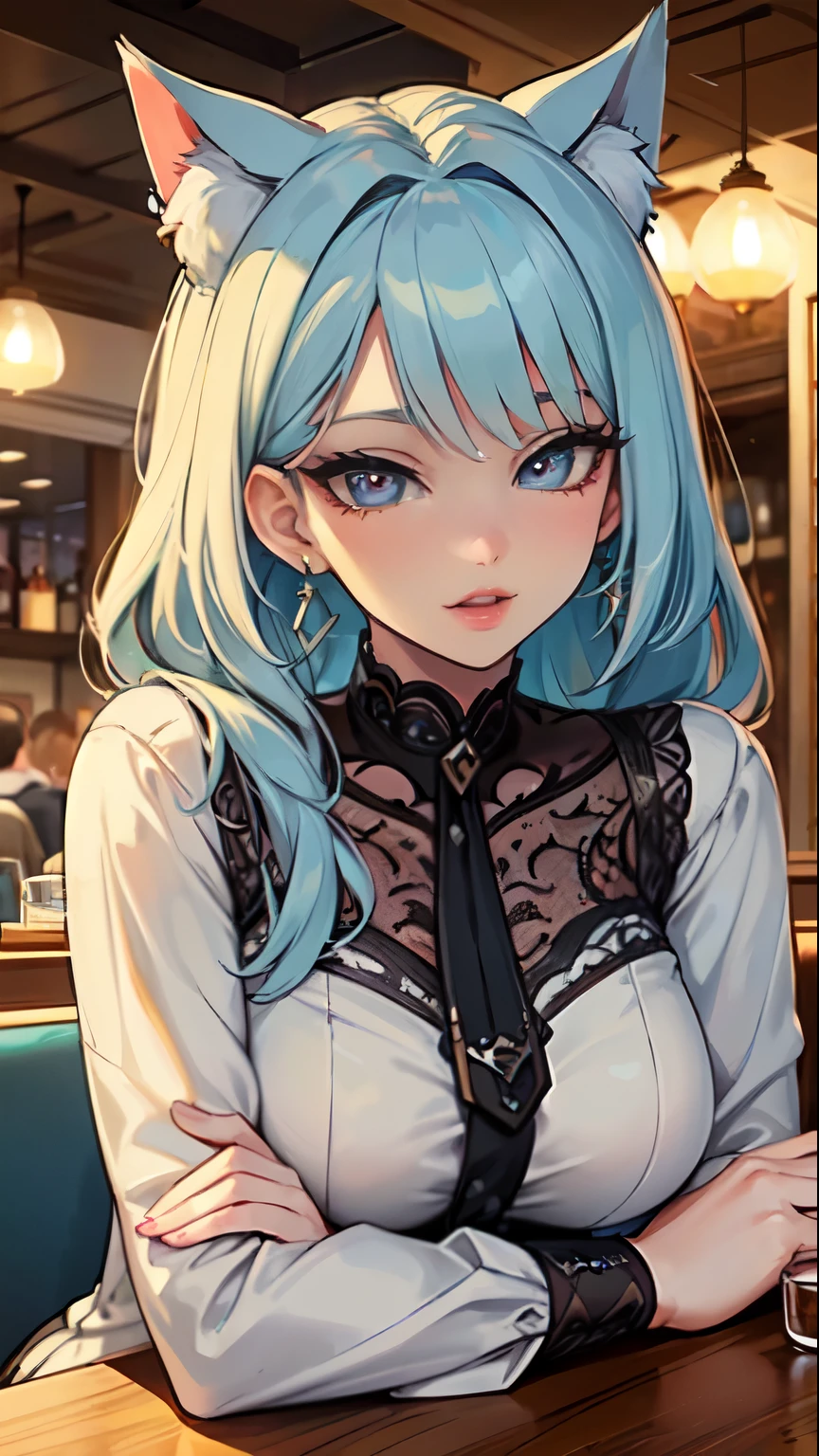 Masterpiece, beautiful art, professional artist, 8k, art style by sciamano240, very detailed face, very detailed hair, 1girl, perfectly drawn body, beautiful face, long hair, light blue hair , very detailed blue vertical cat eyes, pouty lips , rosey cheeks, intricate details in eyes, black tigh boots, earrings, in love with the viewer expression, warm smile, out for a romantic dinner with viewer, wearing elegant Prada clothes, sitting at a restaurant table, pov sitting across the table from viewer, restaurant setting,