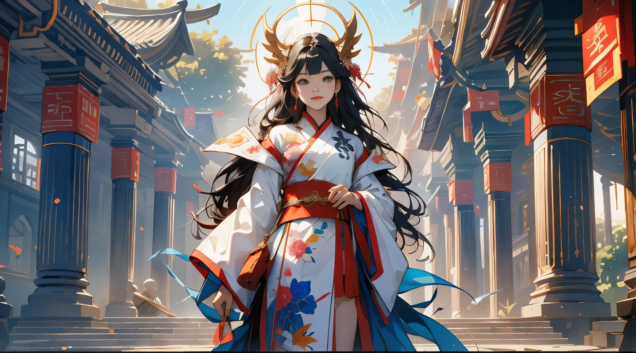 one-girl, ancient Chinese costume, Full body lesbian, rays of sunshine, Clear face, Clean white background, tmasterpiece, super detailing, Epic work, hyper HD, high high quality, The content is very detailed, offcial art, Unity8k wallpaper, super detailing, 32K