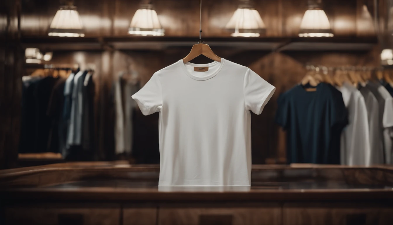 a lifestyle shot of a blank t-shirt mockup, with a hanger or folded neatly, placed against a stylish backdrop, emphasizing the versatility for personalization and branding