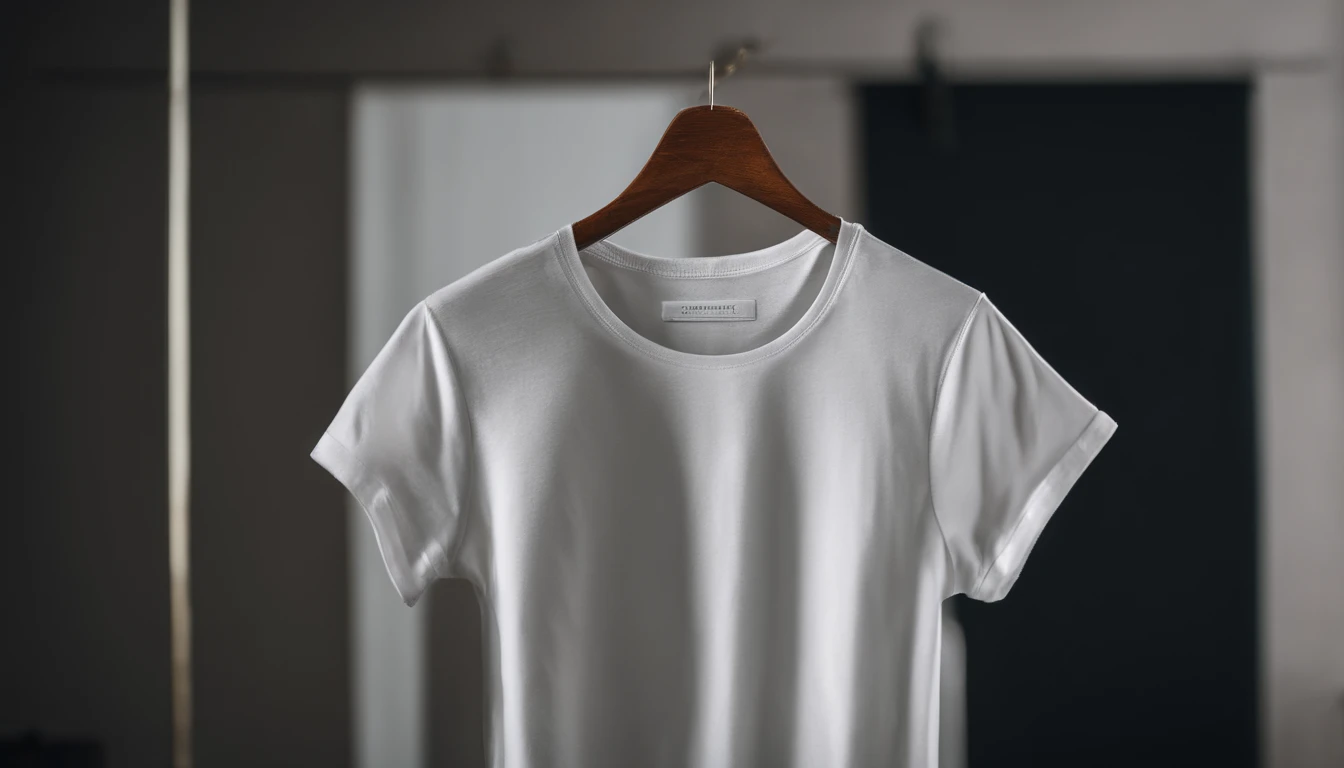 a lifestyle shot of a blank t-shirt mockup, with a hanger or folded neatly, placed against a stylish backdrop, emphasizing the versatility for personalization and branding