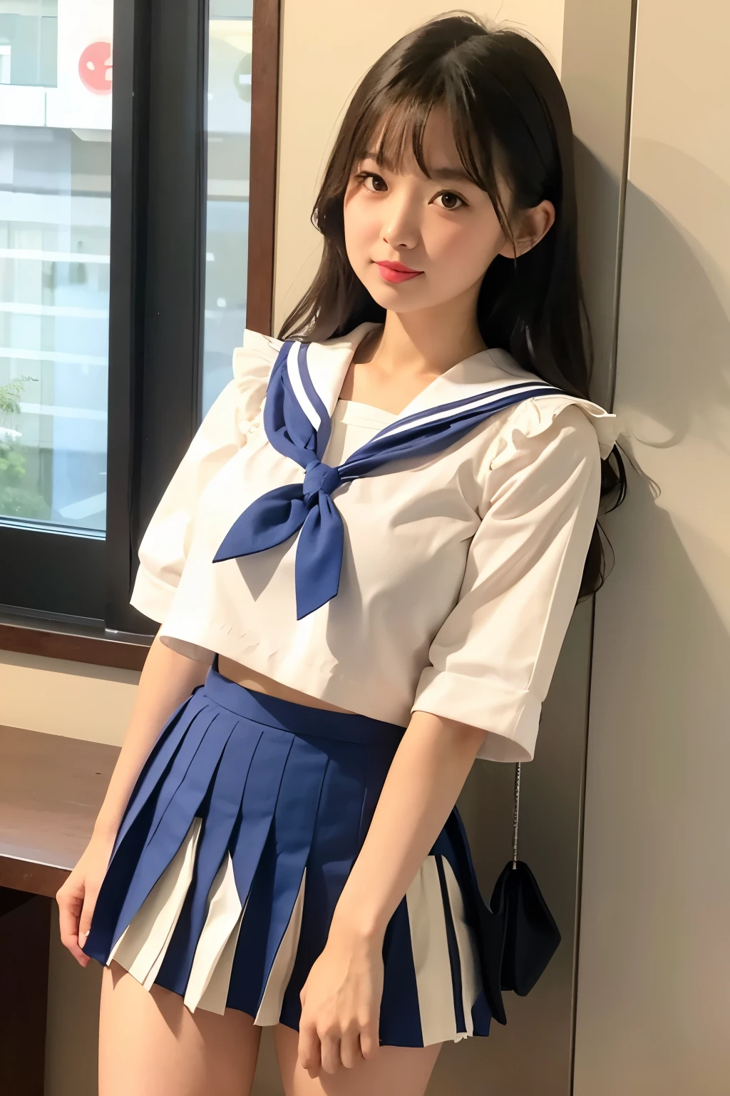 1 girl in(Upper body:1.1),(Red blush:1.3)、Beautiful illustration、quality、Cute little girl s 、japanese beautiful woman、humongous large breast、white skin color、A long black hair、(((Blue and white pleated skirt)))、(((Blue and white sailor suit)))、short- sleeved、Superskirt、open waist、Expose a navel、Lift the skirt with your hands、show off white、Pull up the skirt with your hands，Cute eyes、Showing slender thighs、glowing thigh