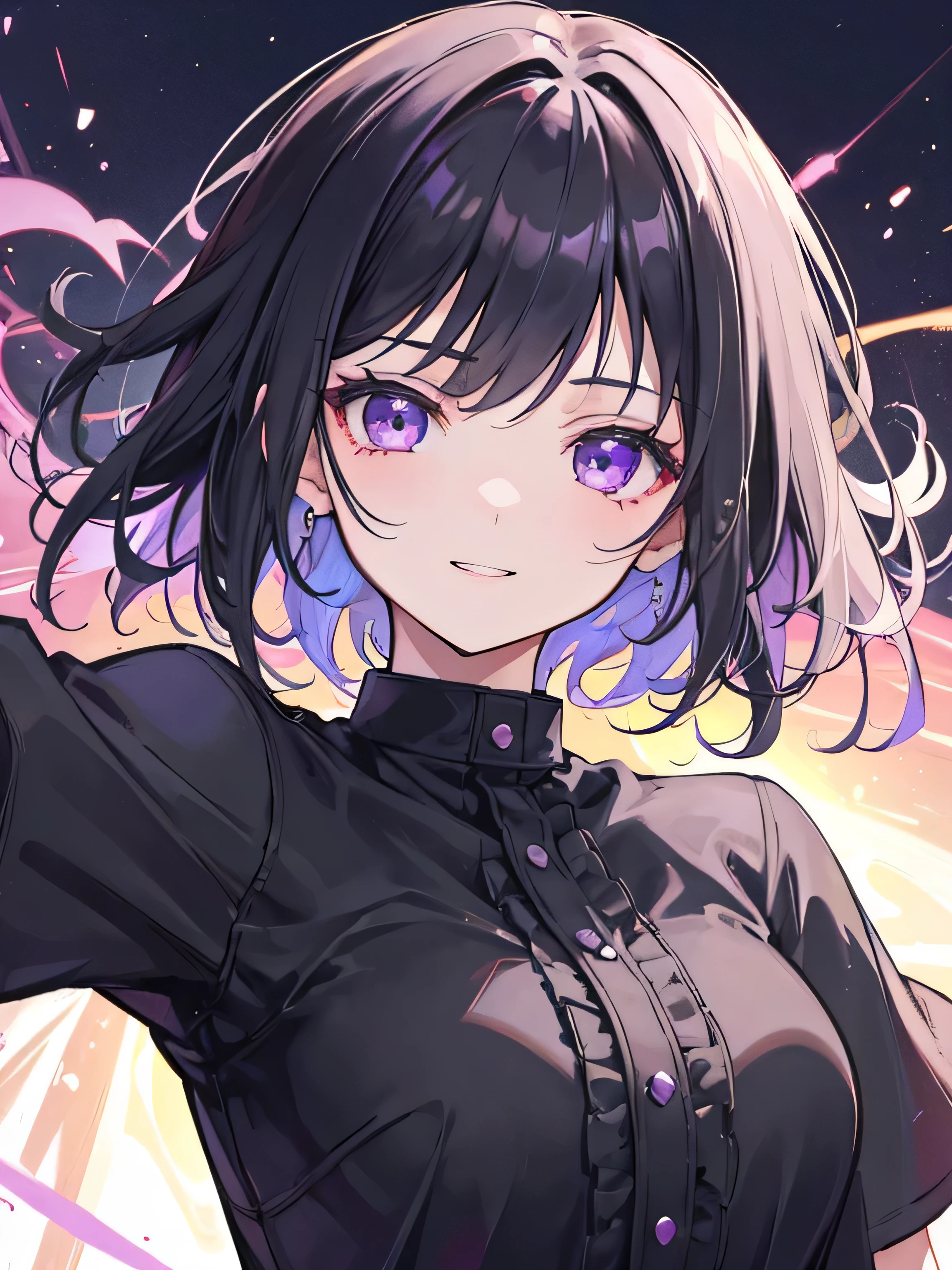 (best quality, masterpiece), 1girl, purple eyes, crazy laughing, short black hair, dark mood, upper body, super detail, high quality, best quality, 1080P, HD, ((masterpiece)), best quality, 8K, HDR