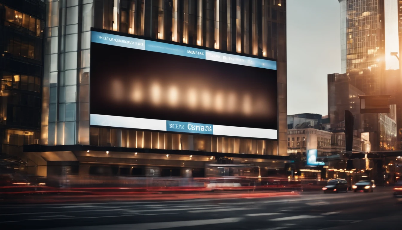 a dynamic shot of a blank billboard mockup in a bustling cityscape, with vibrant lights and busy streets, symbolizing the advertising and marketing opportunities