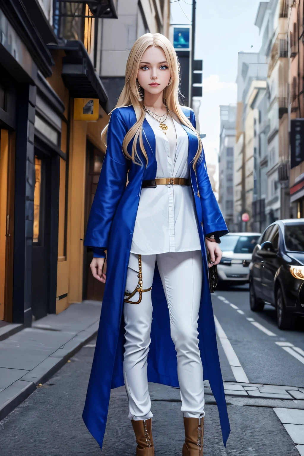 In a anime Medieval Fantasy, 24 year old woman with sapphire blue eyes, long blonde hair, beautiful, immortal, in the year 2023, she is wearing a sapphire necklace, demin jacket, white shirt, brown cargo pants with black boots, she is in the middle of a busy city. She has lived for thousands of years as an immortal being, a long forgotten Queen of the country. upper BODY IMAGE