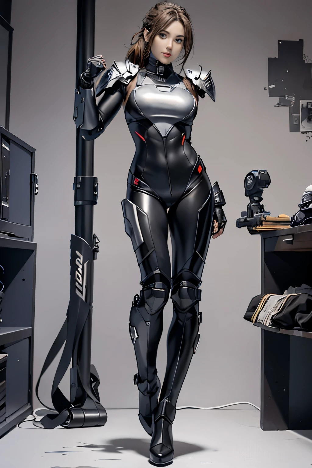 female robocop solo、Armor that completely covers the entire body、very large armor、helmet covering eyes、rainbow armor、Armor that completely covers the chest、Slender and long legs、Vibrant Forzel Full Body Body View Full Body Full Body Military Boots Shoes