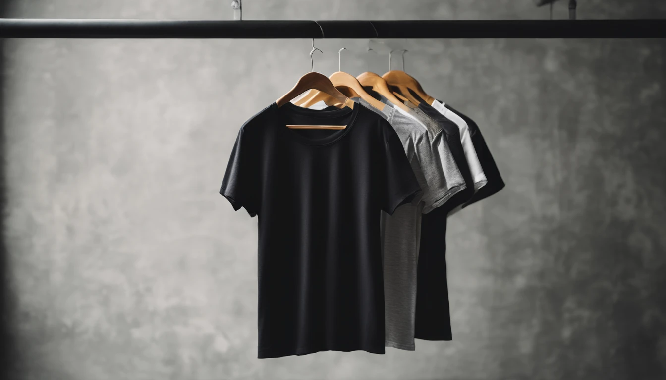 a lifestyle shot of a blank t-shirt mockup, with a hanger or folded neatly, placed against a stylish backdrop, emphasizing the versatility for personalization and branding
