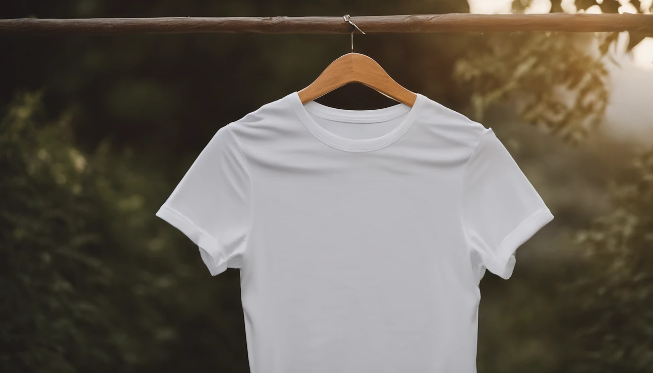 a lifestyle shot of a blank t-shirt mockup, with a hanger or folded neatly, placed against a stylish backdrop, emphasizing the versatility for personalization and branding