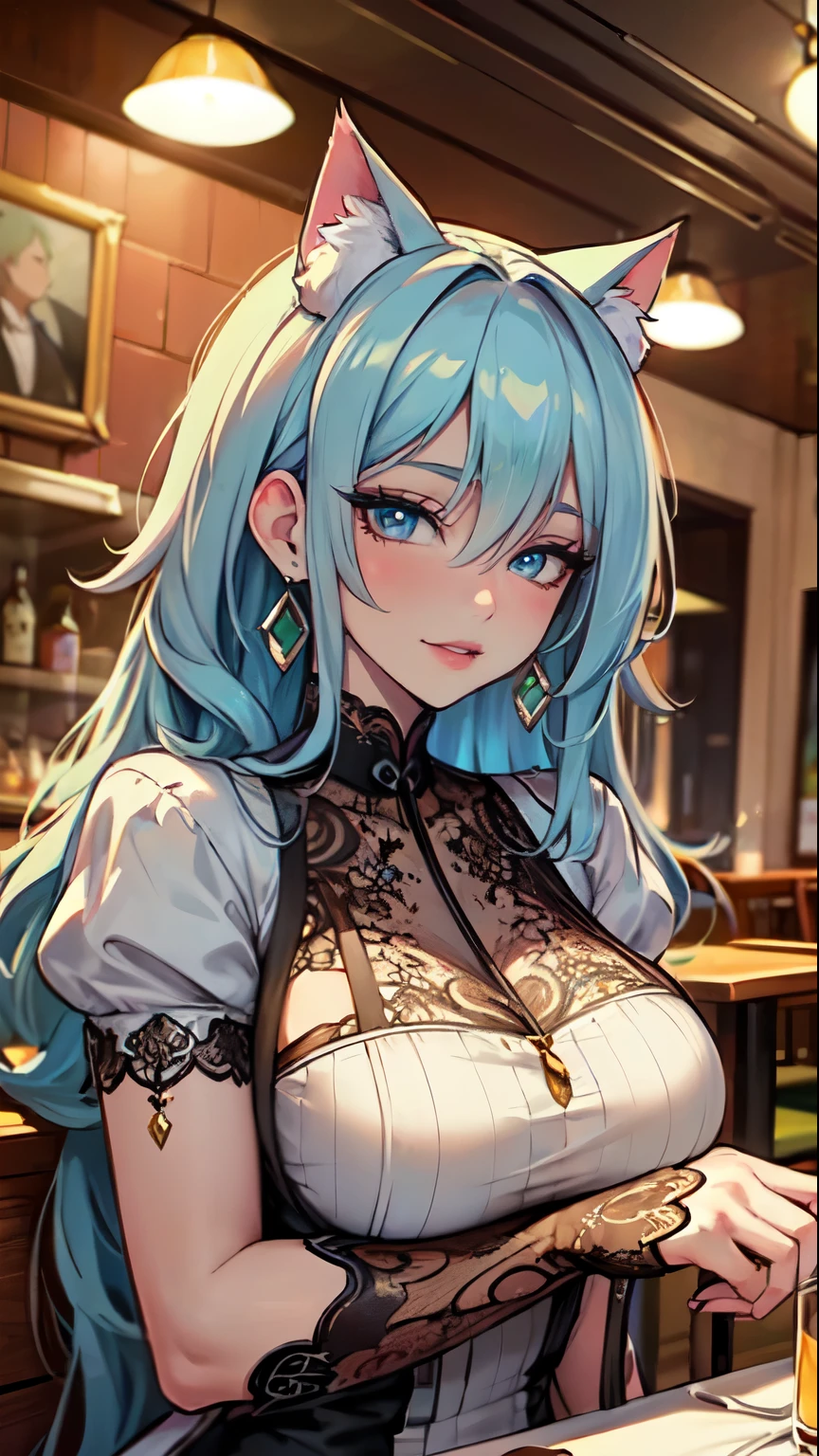 Masterpiece, beautiful art, professional artist, 8k, art style by sciamano240, very detailed face, very detailed hair, 1girl, perfectly drawn body, beautiful face, long hair, light blue hair , very detailed blue vertical cat eyes, pouty lips , rosey cheeks, intricate details in eyes, black tigh boots, earrings, in love with the viewer expression, warm smile, out for a romantic dinner with viewer, wearing a trendy dress, sitting at a restaurant table, pov sitting across the table from viewer, restaurant setting,