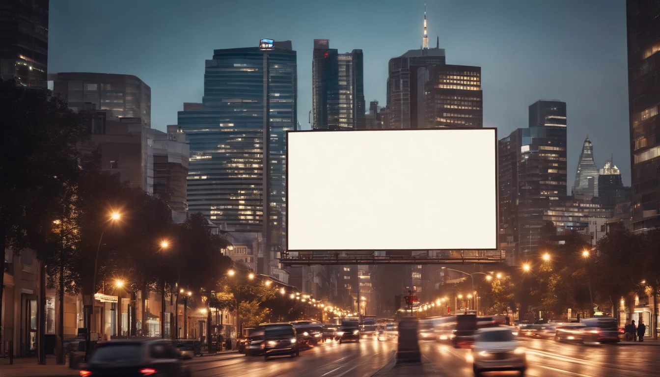 a dynamic shot of a blank billboard mockup in a bustling cityscape, with vibrant lights and busy streets, symbolizing the advertising and marketing opportunities
