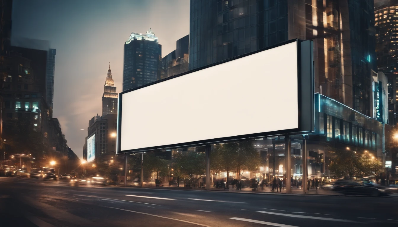 a dynamic shot of a blank billboard mockup in a bustling cityscape, with vibrant lights and busy streets, symbolizing the advertising and marketing opportunities