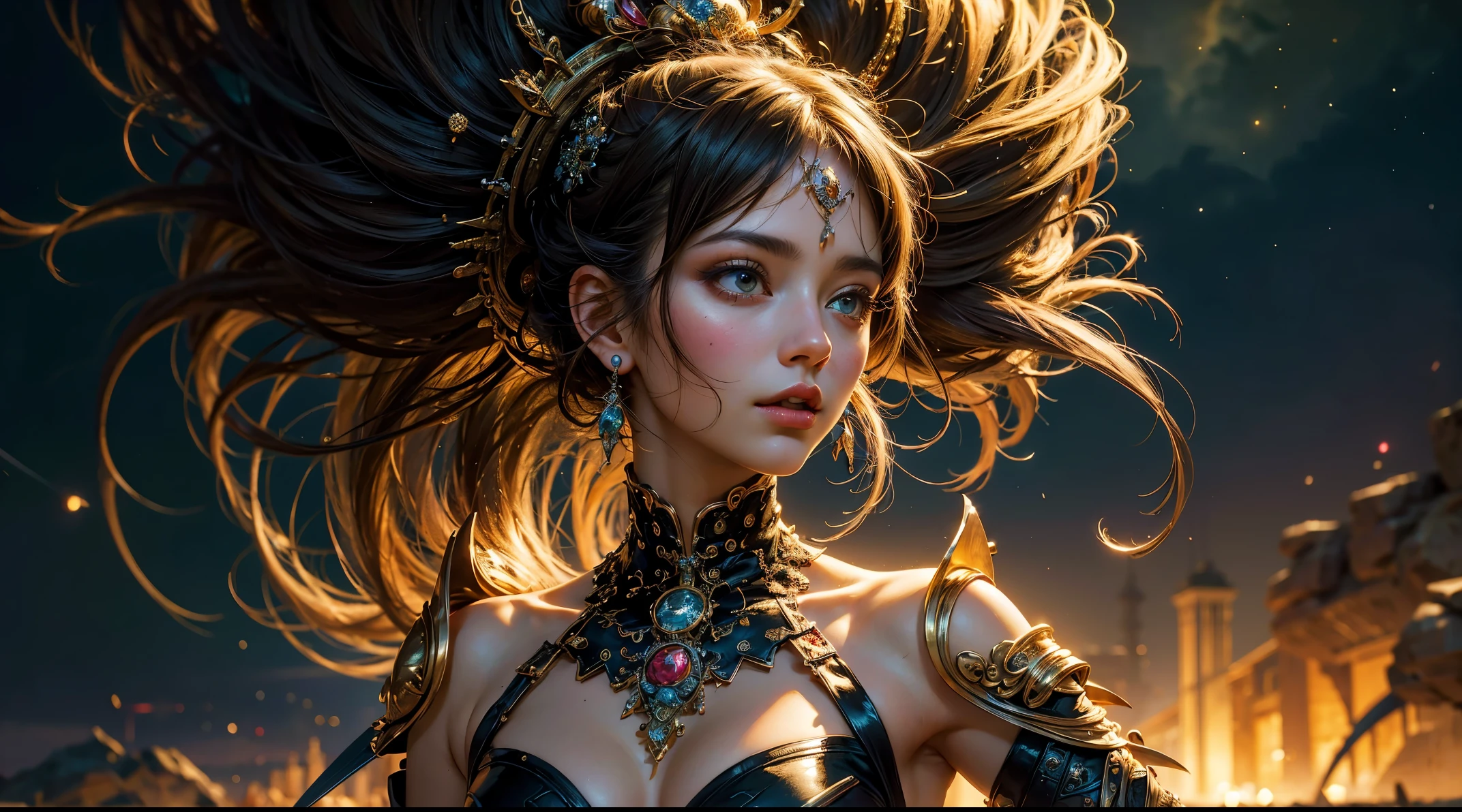 (Masterpiece: 1.2), better quality, (illustration: 1.2), (ultra-detailed), eye focus, (Masterfully designed glow, pink lens glow), (cinematic background), hyper detail, (delicate details), (intricate details), 3D, octane rendering, hdr, (hyperdetailed: 1.15), (soft light: 1.2), extremely beautiful girl, (model: 1.3), girl with paint makeup, fully painted, sflat, splash, (long black hair: 1.1), (bright eyes), ((makeup)), (cinematic masterpiece), delicate, powerful, absolutely eye-catching color splashes, (cinematic headlight), ((caustic)), dynamic angle, beautiful detailed glow, ambient occlusion, ambient light, raytracing reflections, (best lighting, extremely delicate and beautiful), ((cinematic light)), (soft: 2), vibrant, high contrast, backlight, big breast, complex detailed eba, red cape, spear, golden helmet --auto --s2