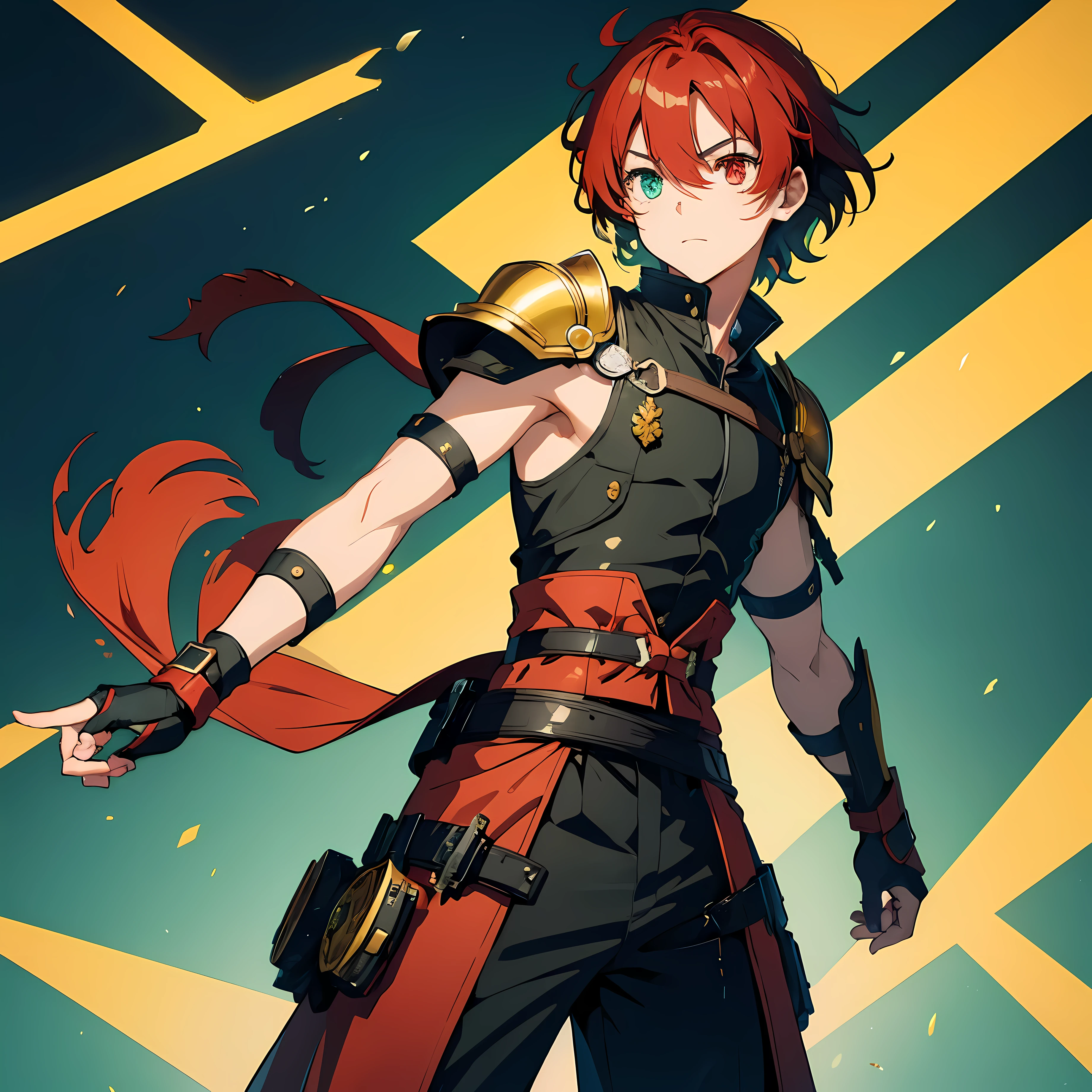 (Obra maestra), La mejor calidad, (1child, solamente, joven), cabello desordenado, pelo corto, pelirrojo BREAK (heterochromia, ojo rojo BREAK ojo amarillo BREAK) hiraikotsu, Armadura de hombro, Armadura dorada BREAK coderas rojas BREAK camisa negra BREAK de pie, fondo verde, Crescent moon symbol