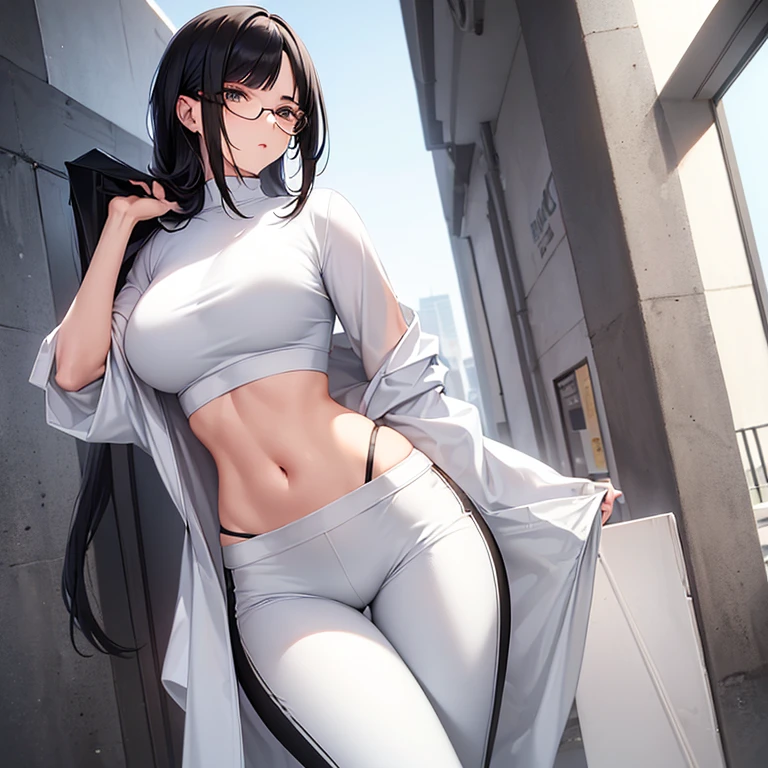 solo, masterpiece, best quality, agrias, grey sweater, black leotard, standing, looking at viewer, short hair,oculos,evil smile, evil look, juri han,luvas preta,roupa azul,yandere rosto,low lighting,coxa sarada copo detalhado,olhando para frente