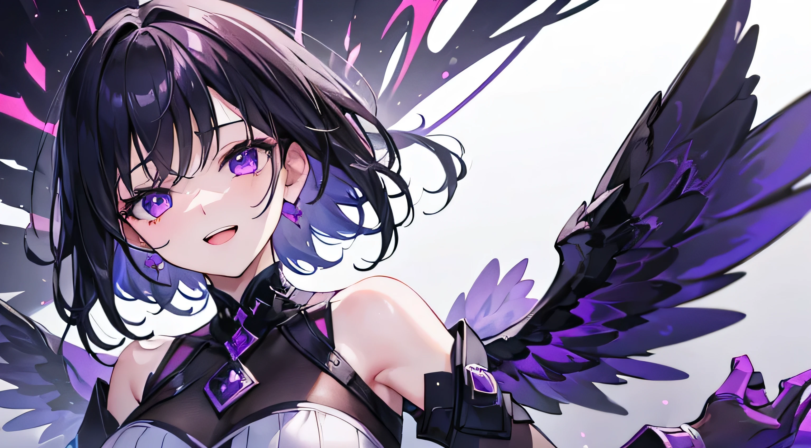 (best quality, masterpiece), 1girl, purple eyes, crazy laughing, short black hair, dark mood, upper body, super detail, high quality, best quality, 1080P, HD, ((masterpiece)), best quality, 8K, HDR