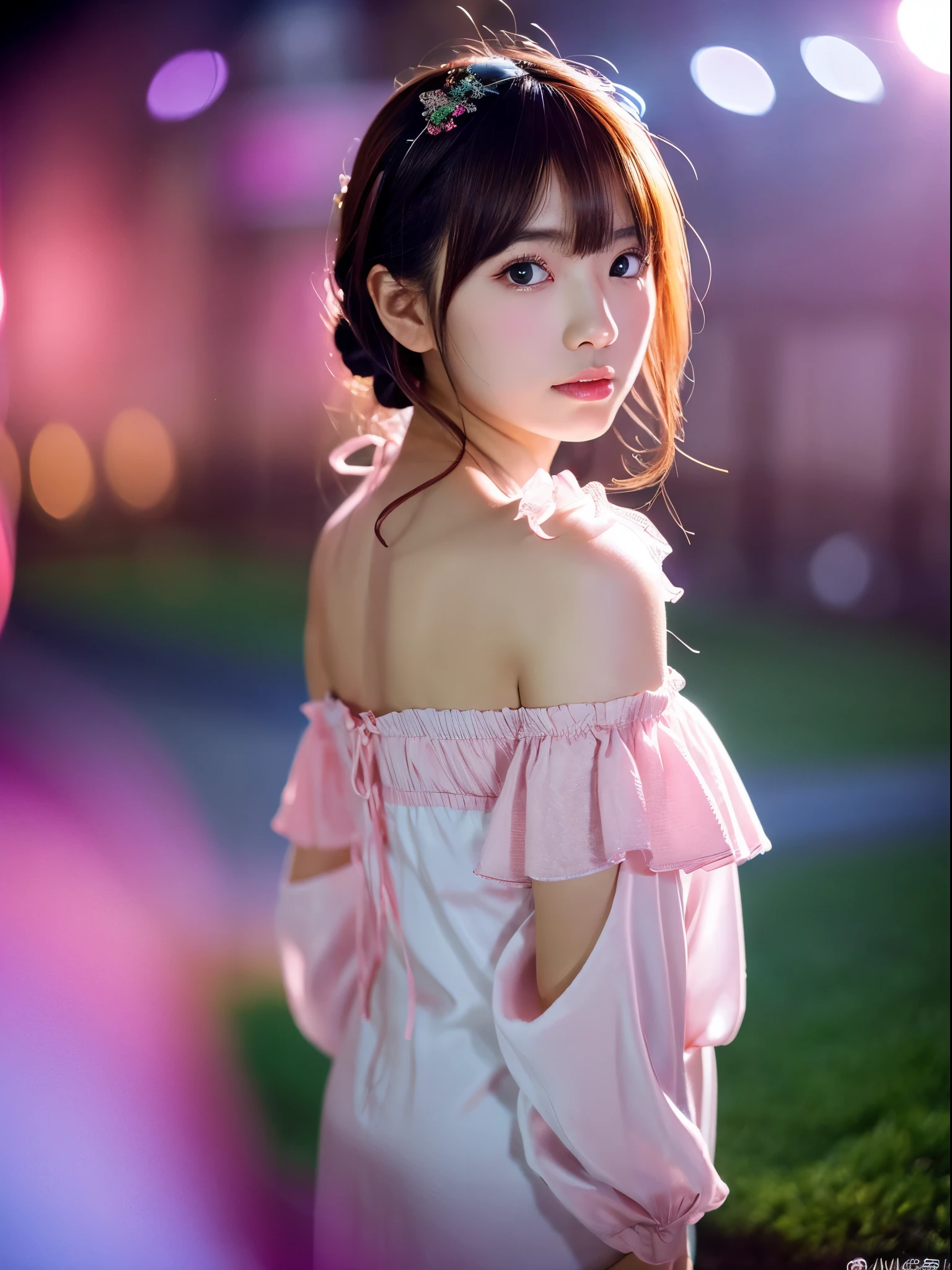 The attractive gaze of a young Japanese girl.
The transparency of the pink and cyaan off-the-shoulder shirt dress, combined with the pale background, expresses the tranquility of the night. hairpiece, beautiful fantasy world scene, lens flare, tilt-shift effect. OLYMPUS OM-D E-M5 Mark IIIで撮影した写真の雰囲気、
