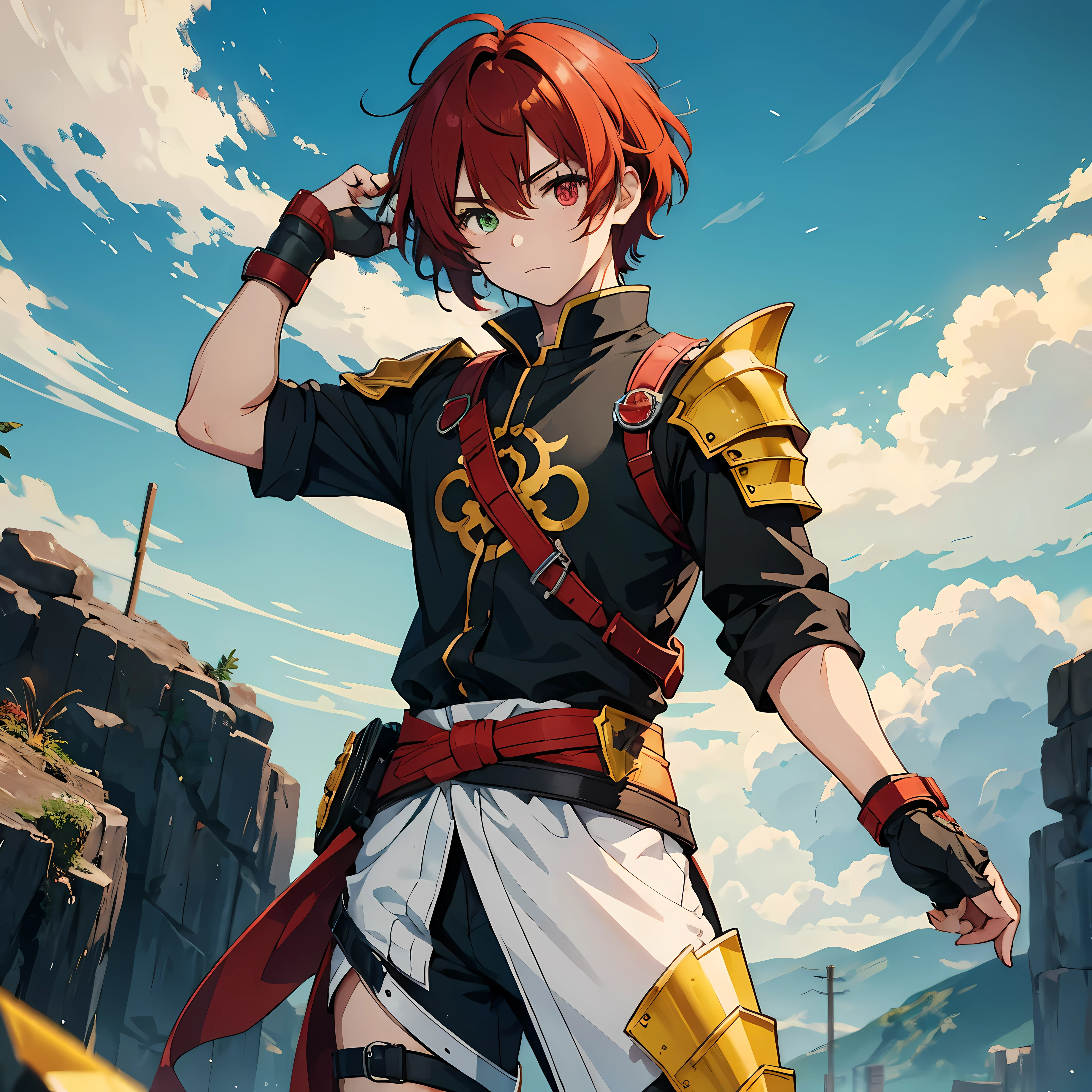 (Obra maestra), La mejor calidad, (1child, solamente, joven), cabello desordenado, pelo corto, pelirrojo BREAK (heterochromia, ojo rojo BREAK ojo amarillo BREAK) hiraikotsu, Armadura de hombro, Armadura dorada BREAK coderas rojas BREAK camisa negra BREAK de pie, fondo verde, Crescent moon symbol