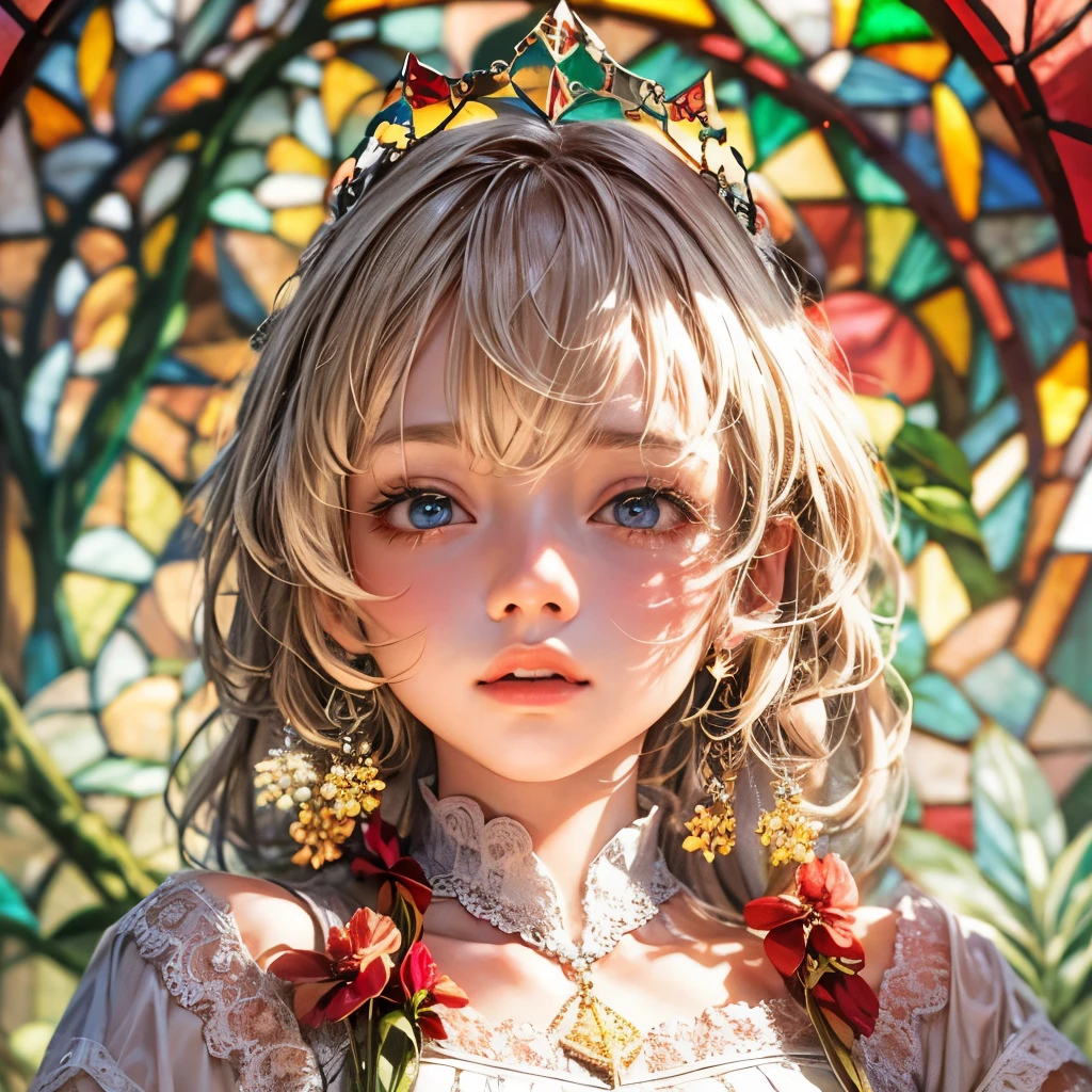 Sexy girl in ((WHITE)) and Delicate lace underwear, with Glossy RED lips, (Exposed:1.2), (nipple:-0.9), { closeup of Cute lips | Dynamic-angle }, ((Dazzling stained glass Background)), (( colorful Light shines through stunning elaborate stained glass:1.2)), vivid Red colors . ((Acutance:0.8, physically-based rendering)), (masterpiece:1.2), (ultra-detailed:1.35), (realistic, photorealistic, ((photo-realistic:1.37))with touch of rawness) . ((Renbutsu Misako)), (Extremely detailed KAWAII face variations, with Dynamic expressions), detailed eyes with sparkling highlights, captivating gaze, long eyelashes, subtle blush on the face, rosy cheeks, impeccable oiled ivory skin texture . { full of flowers covering girl's body | Mystic sight | haze | Light Particle | Lens Particle | Lens Flare | Dazzling angle's Halo | Overflowing sideboob } . (((large eyes:-0.8))),((( not Detailed fingers:-0.9))) .