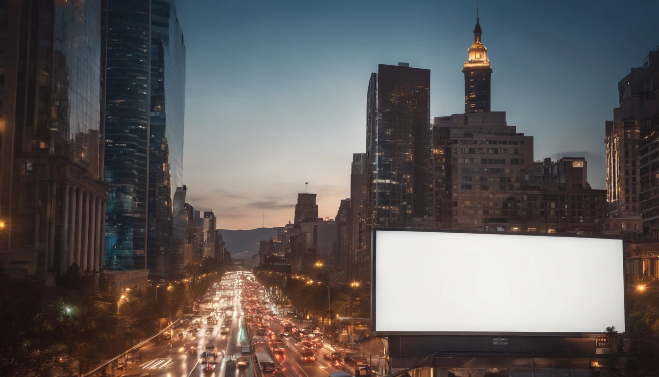 a dynamic shot of a blank billboard mockup in a bustling cityscape, with vibrant lights and busy streets, symbolizing the advertising and marketing opportunities