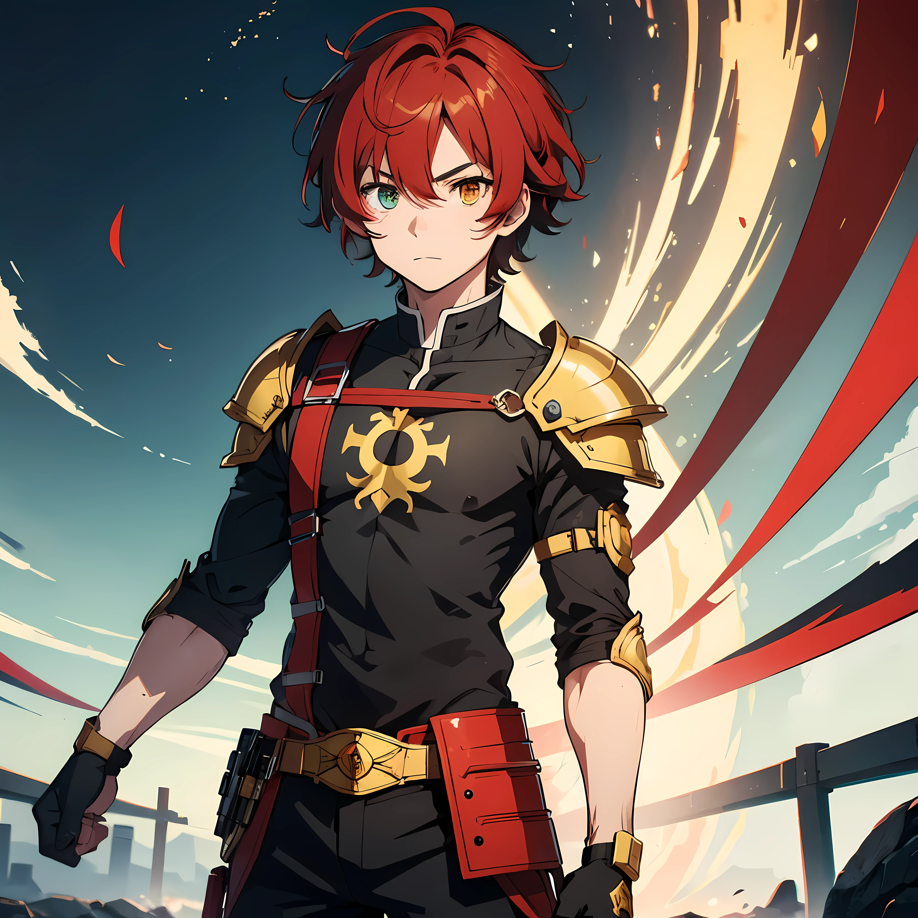 (Obra maestra), La mejor calidad, (1child, solamente, joven), cabello desordenado, pelo corto, pelirrojo BREAK (heterochromia, ojo rojo BREAK ojo amarillo BREAK) hiraikotsu, Armadura de hombro, Armadura dorada BREAK coderas rojas BREAK camisa negra BREAK de pie, fondo verde, Crescent moon symbol