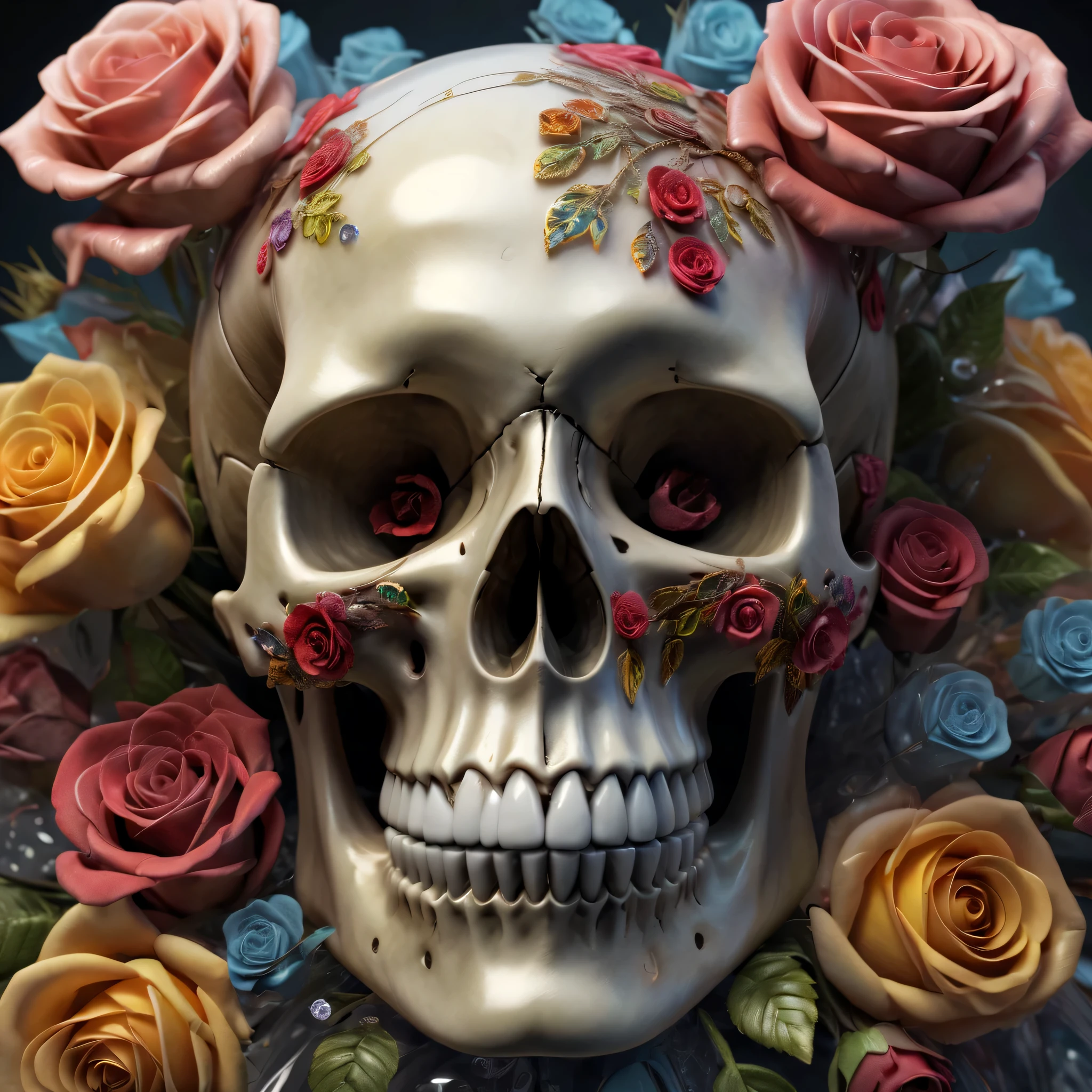 Best Quality,8K,hight resolution,masutepiece:1.2,Ultra-detailed,Realistic transparent skull made of crystal,detailed corpse,bouquet of colorful roses,Grave,Horror-themed,horror festival setting