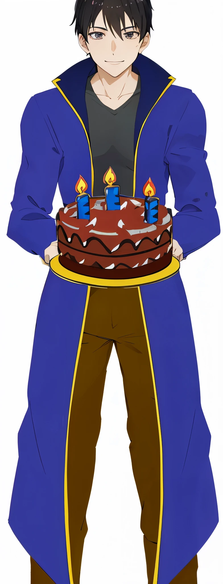 Anime black eyes smiling man holding a cake with candles on it, holding a birthday cake, happy birthday, cake in hand, full body close-up shot, skinny male mage, wizard themed, vergil, celebrating a birthday, full body picture, birthday cake, !!full body portrait!!, picture of a male cleric, wearing mage robes, cake, fullbody shot