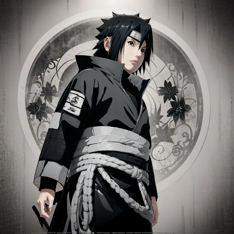 Make the image of Sasuke Uchiha how is it in the manga, image, in black and white and black jacket