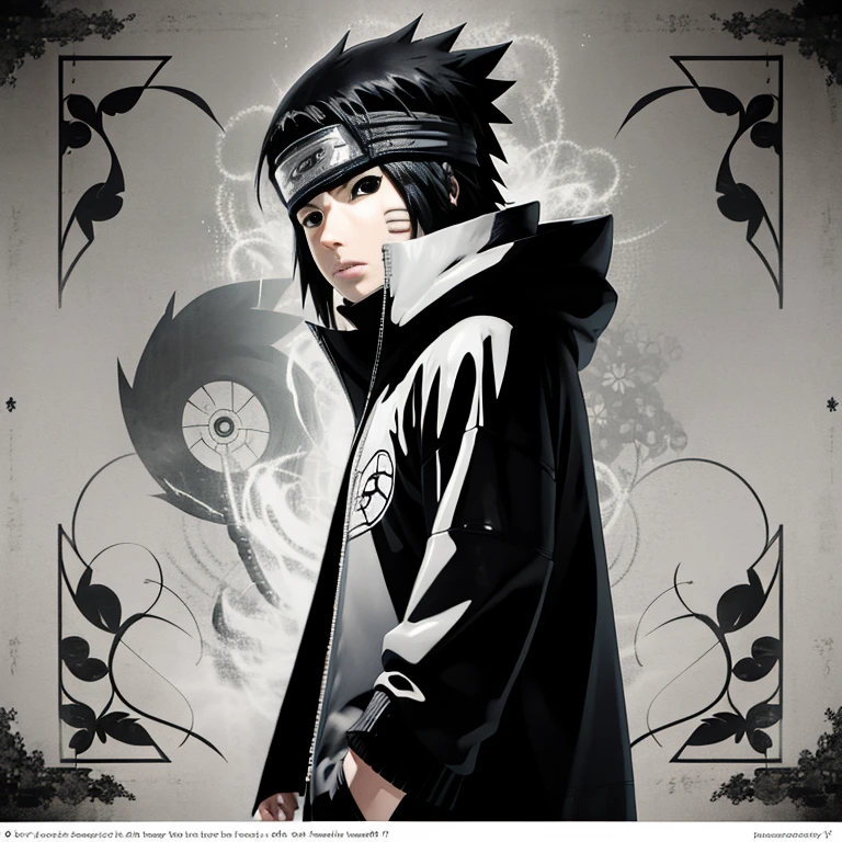 Make the image of Sasuke Uchiha how is it in the manga, image, in black and white and black jacket
