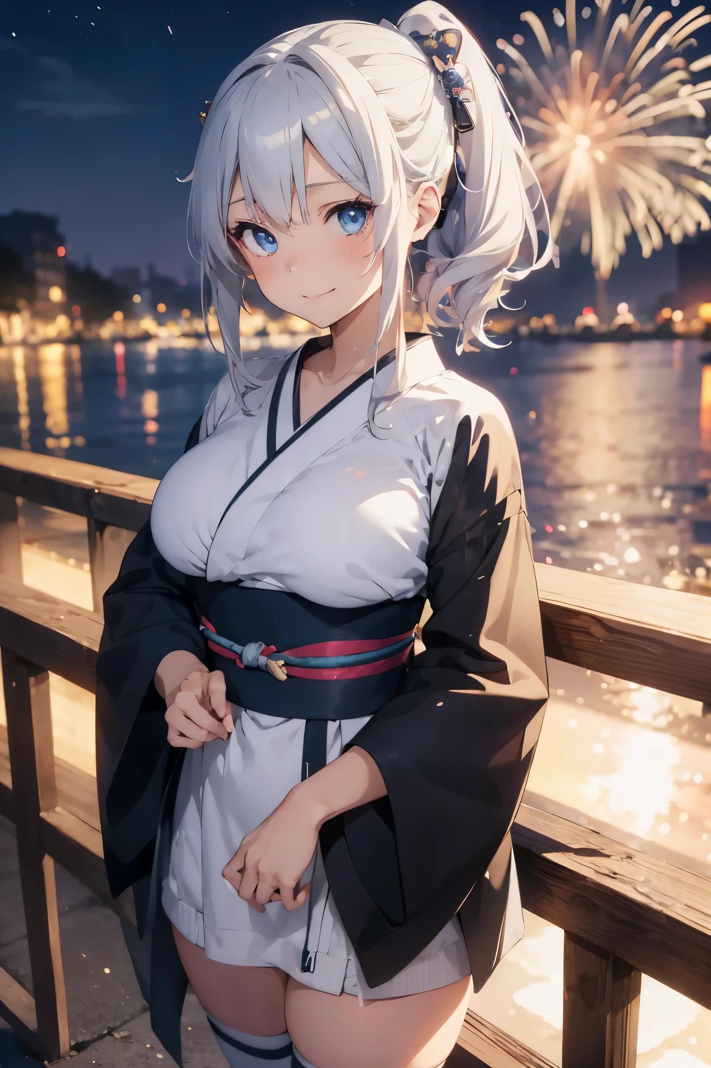 "anime girl, 1 person, silver white hair mixed with black, blue eyes, wearing headphones, women's kimono, same kimono, big breasts, holding cotton candy, long socks, standing cross-legged, shy smile, festival, New Year's Eve fireworks, watch fireworks, solo(full HD Image 4K+)"